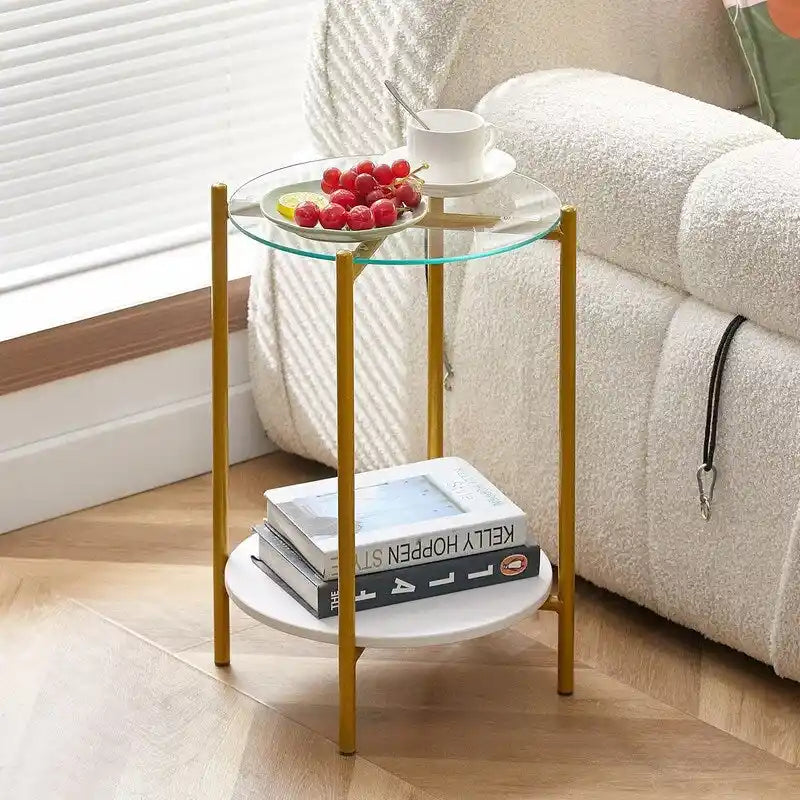 2 Tier Round Side Table with Tempered Glass Modern End Tables-5