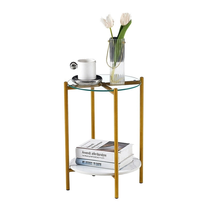 2 Tier Round Side Table with Tempered Glass Modern End Tables-7