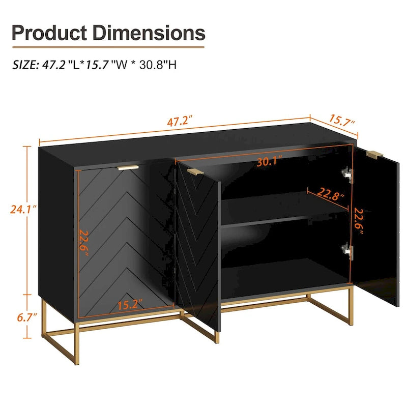 3 Doors Sideboard Buffet Cabinet with Storage Adjustable Shelf