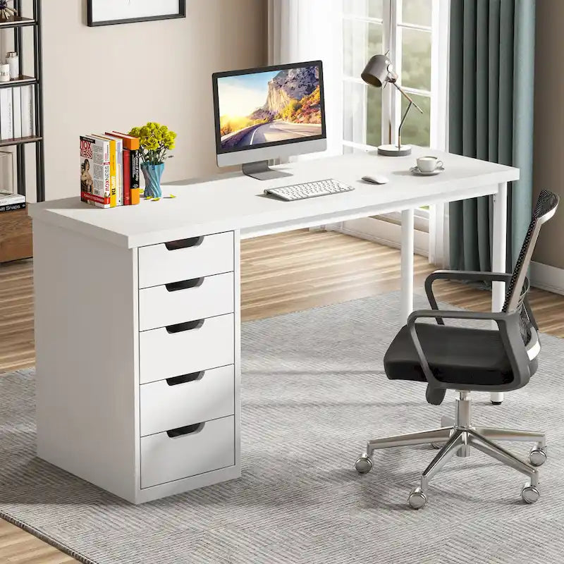 47 inch Computer Wood Desk Office Desks with 5-Drawer, Writing Desk with Metal Frame for Bedroom Study-2