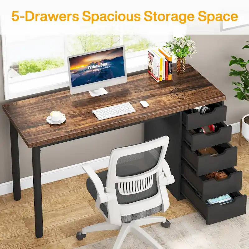 47 inch Computer Wood Desk Office Desks with 5-Drawer, Writing Desk with Metal Frame for Bedroom Study-11