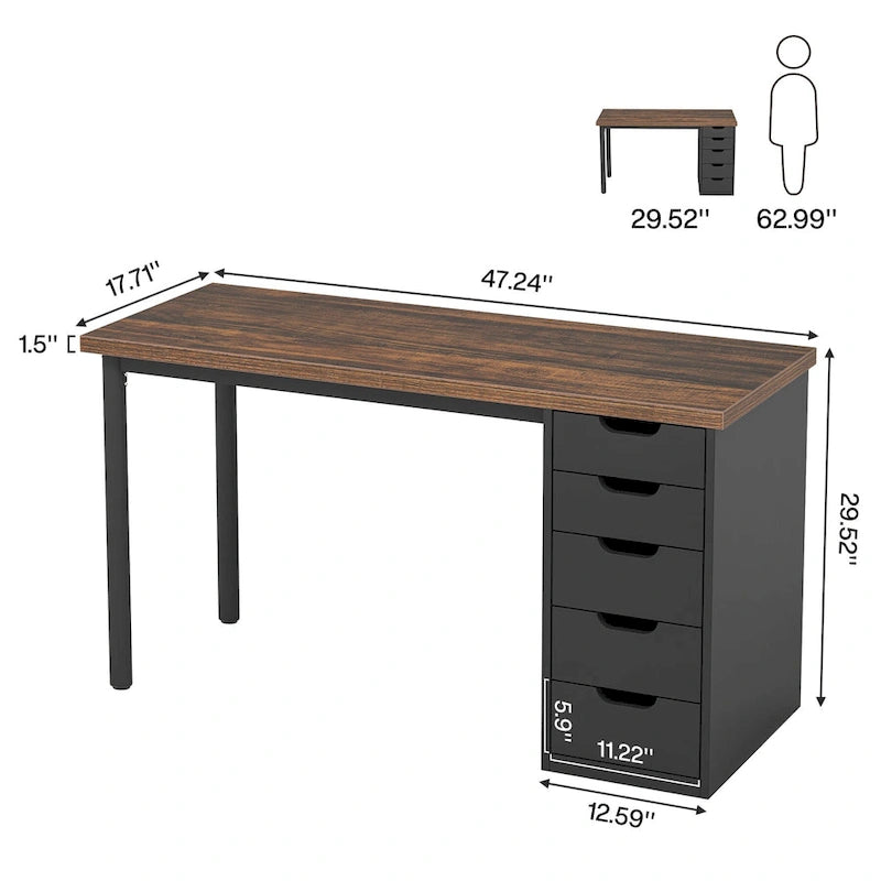 47 inch Computer Wood Desk Office Desks with 5-Drawer, Writing Desk with Metal Frame for Bedroom Study-14