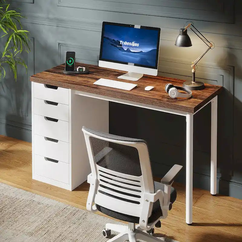 47 inch Computer Wood Desk Office Desks with 5-Drawer, Writing Desk with Metal Frame for Bedroom Study-15