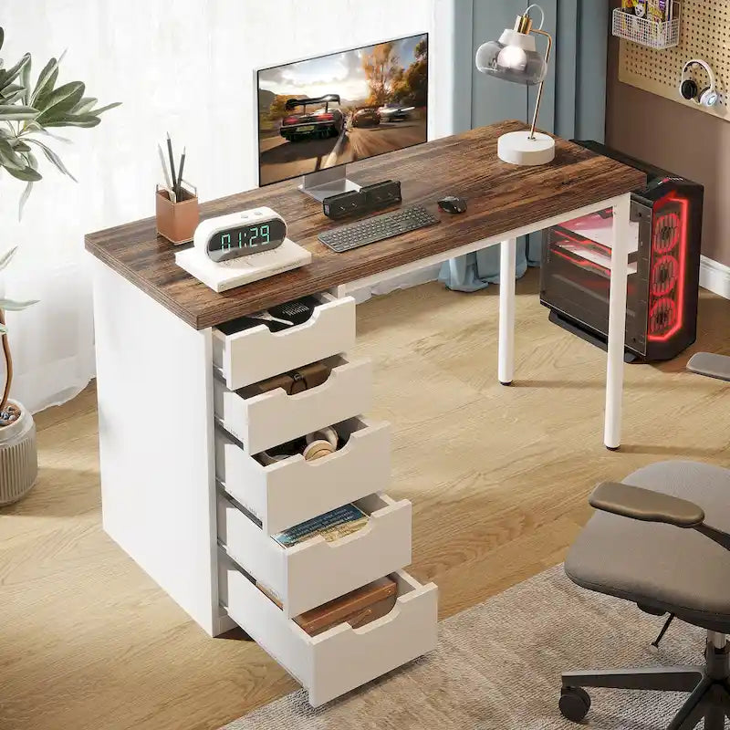 47 inch Computer Wood Desk Office Desks with 5-Drawer, Writing Desk with Metal Frame for Bedroom Study-19