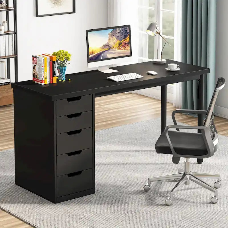 47 inch Computer Wood Desk Office Desks with 5-Drawer, Writing Desk with Metal Frame for Bedroom Study-23