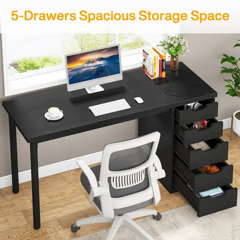 47 inch Computer Wood Desk Office Desks with 5-Drawer, Writing Desk with Metal Frame for Bedroom Study-25