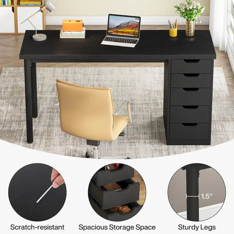 47 inch Computer Wood Desk Office Desks with 5-Drawer, Writing Desk with Metal Frame for Bedroom Study-27