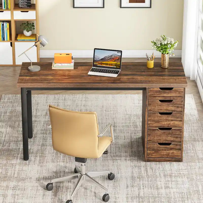 47 inch Computer Wood Desk Office Desks with 5-Drawer, Writing Desk with Metal Frame for Bedroom Study-30