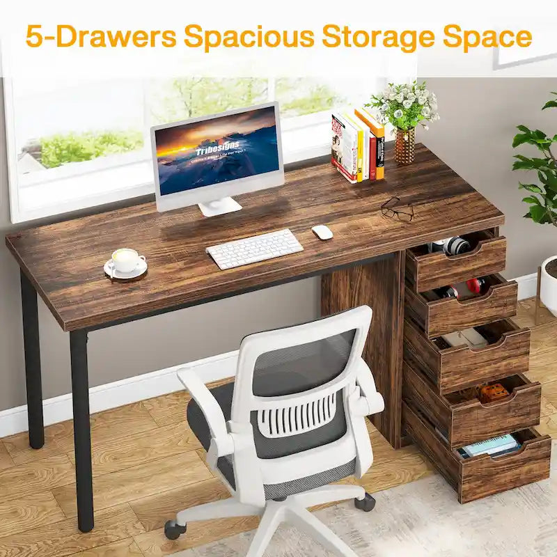 47 inch Computer Wood Desk Office Desks with 5-Drawer, Writing Desk with Metal Frame for Bedroom Study-31