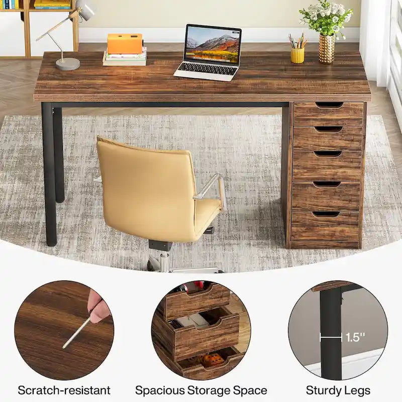 47 inch Computer Wood Desk Office Desks with 5-Drawer, Writing Desk with Metal Frame for Bedroom Study-32