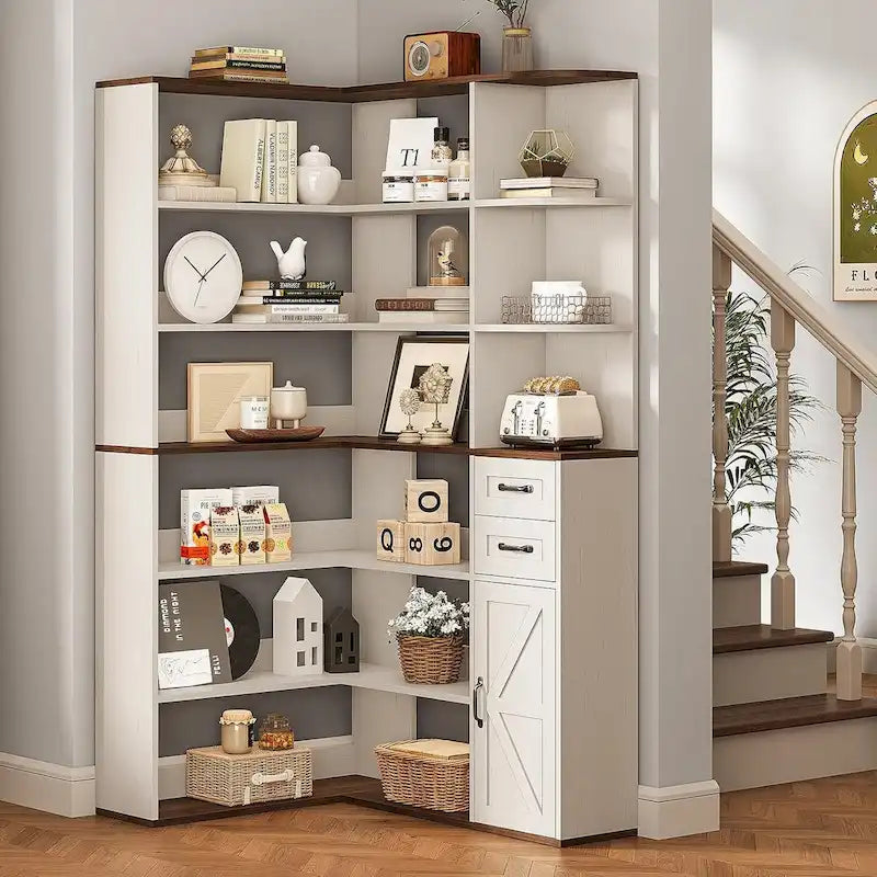 7-Shelf Corner Bookshelf L-Shape Bookcase Large Storage Shelf Display-17