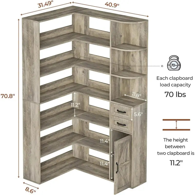 7-Shelf Corner Bookshelf L-Shape Bookcase Large Storage Shelf Display-6