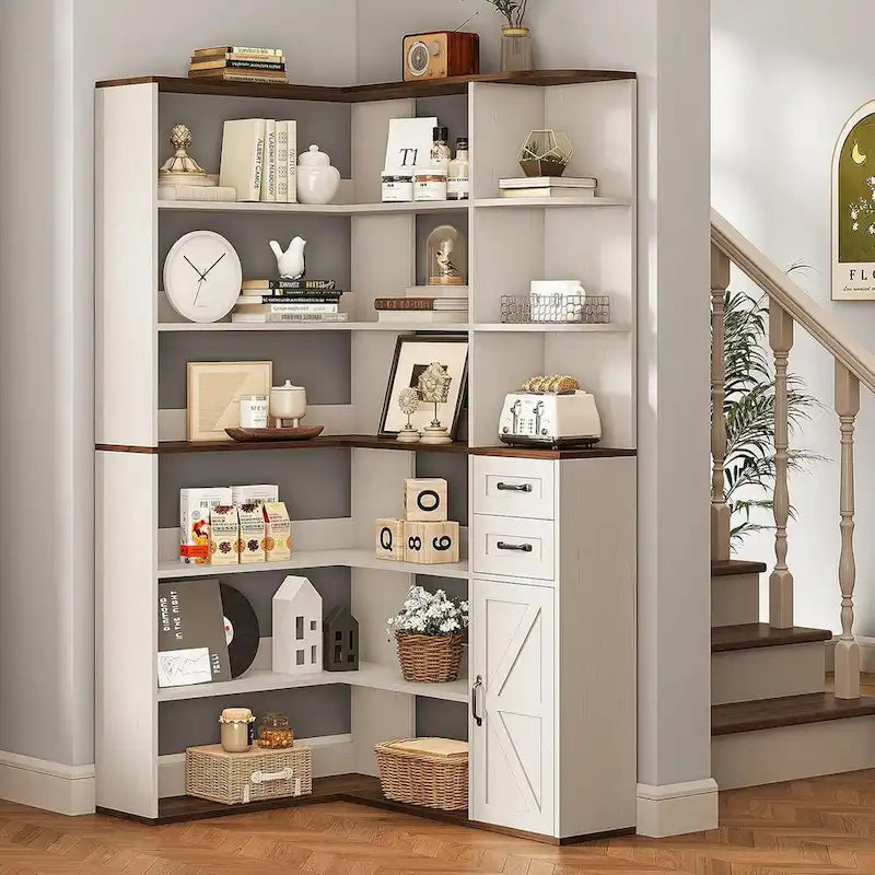 7-Shelf Corner Bookshelf L-Shape Bookcase Large Storage Shelf Display-7