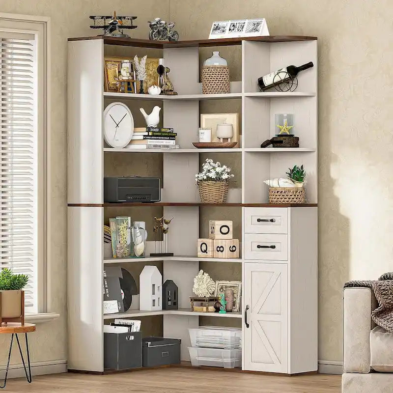 7-Shelf Corner Bookshelf L-Shape Bookcase Large Storage Shelf Display-9