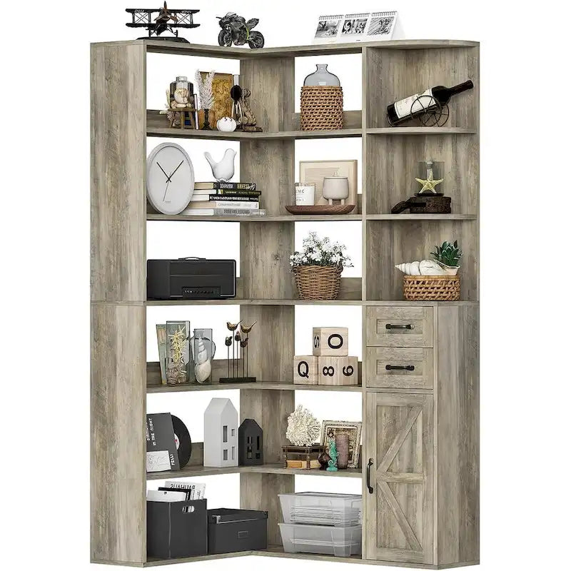 7-Shelf Corner Bookshelf L-Shape Bookcase Large Storage Shelf Display-15