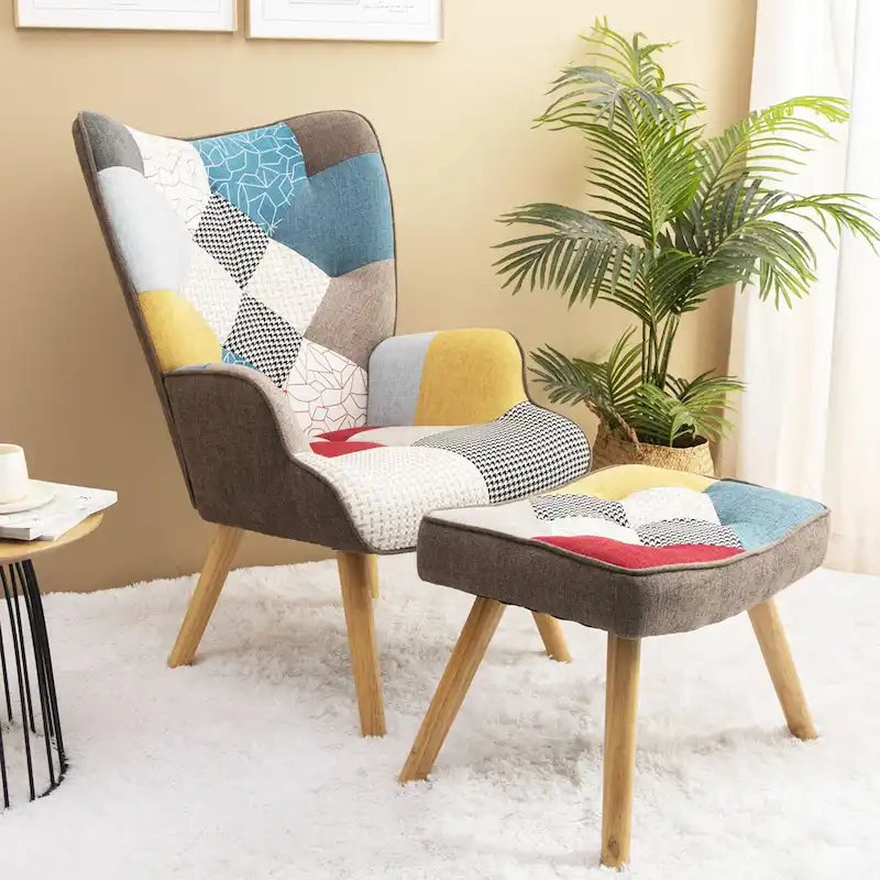 Accent Chair with Ottoman, Living Room Chair and Ottoman Set, Comfy Side Armchair for Bedroom, Creative Splicing Cloth Surface-28
