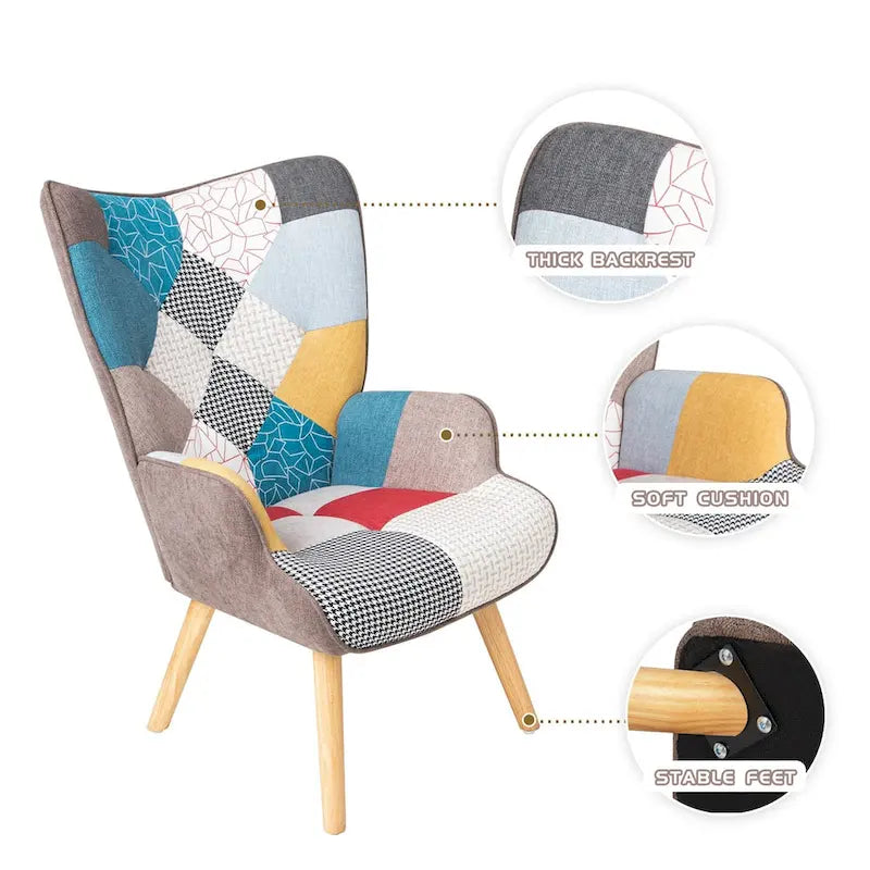 Accent Chair with Ottoman, Living Room Chair and Ottoman Set, Comfy Side Armchair for Bedroom, Creative Splicing Cloth Surface-3
