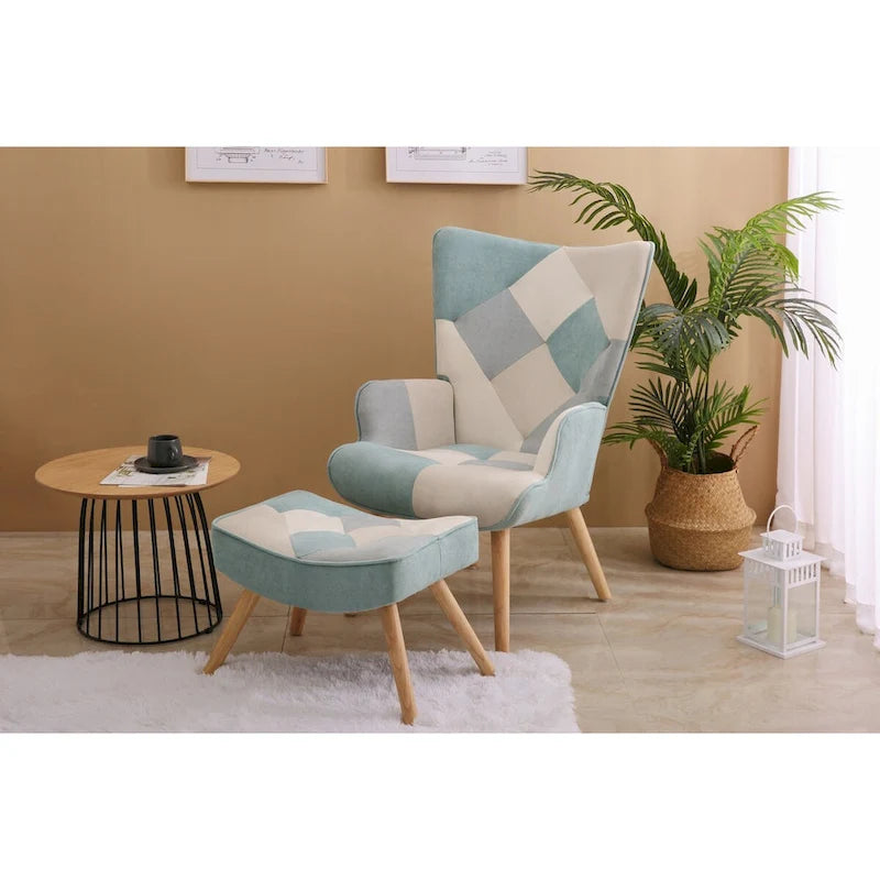 Accent Chair with Ottoman, Living Room Chair and Ottoman Set, Comfy Side Armchair for Bedroom, Creative Splicing Cloth Surface-11