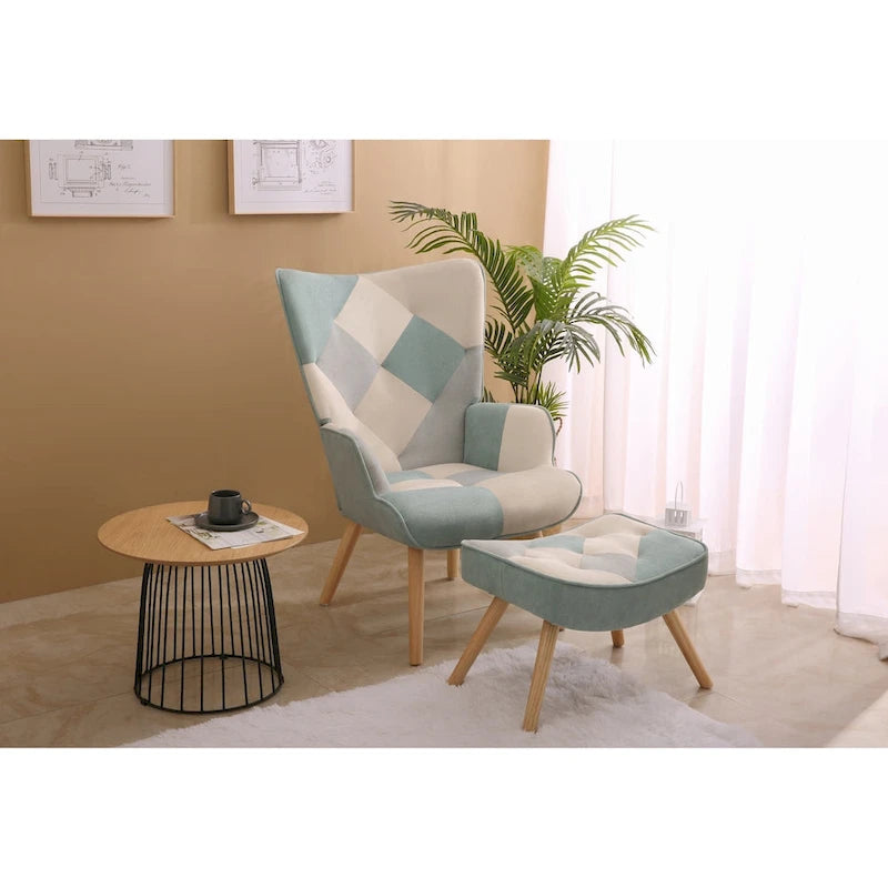 Accent Chair with Ottoman, Living Room Chair and Ottoman Set, Comfy Side Armchair for Bedroom, Creative Splicing Cloth Surface-12