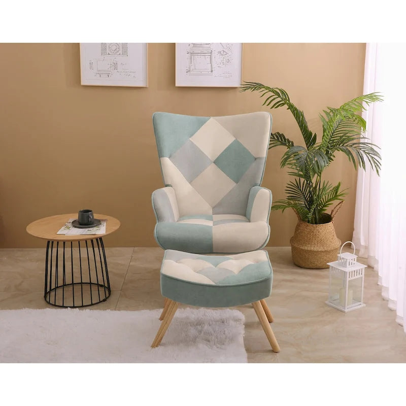 Accent Chair with Ottoman, Living Room Chair and Ottoman Set, Comfy Side Armchair for Bedroom, Creative Splicing Cloth Surface-13