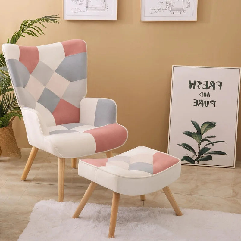 Accent Chair with Ottoman, Living Room Chair and Ottoman Set, Comfy Side Armchair for Bedroom, Creative Splicing Cloth Surface-18