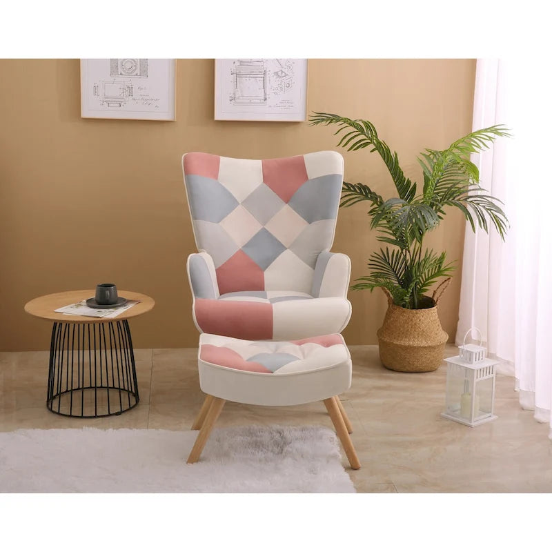 Accent Chair with Ottoman, Living Room Chair and Ottoman Set, Comfy Side Armchair for Bedroom, Creative Splicing Cloth Surface-20