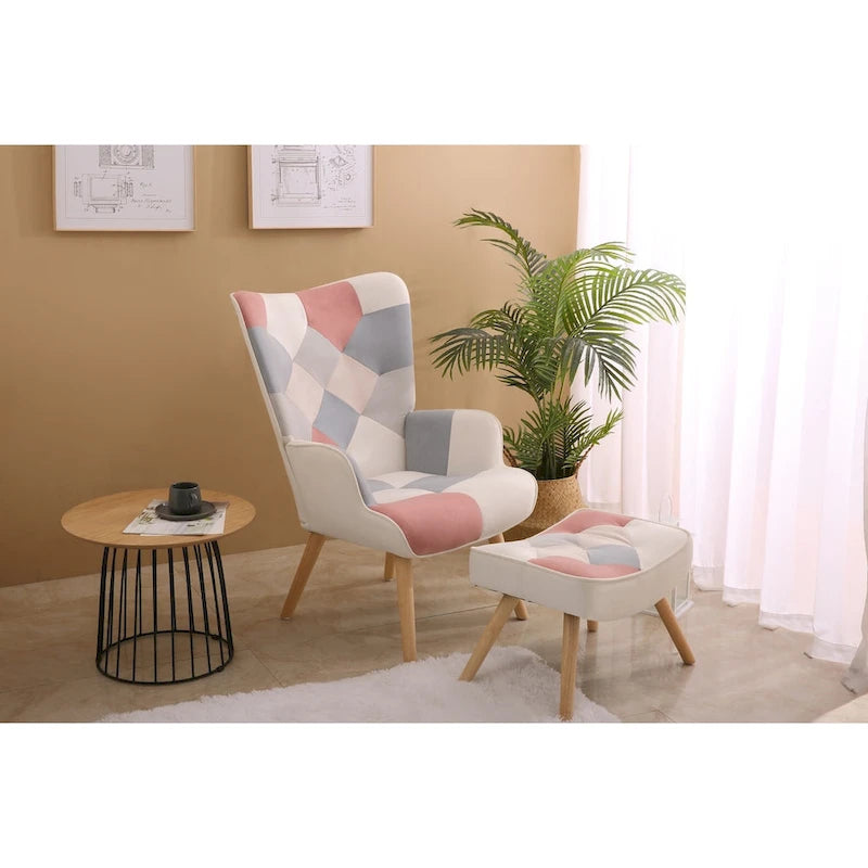 Accent Chair with Ottoman, Living Room Chair and Ottoman Set, Comfy Side Armchair for Bedroom, Creative Splicing Cloth Surface-21