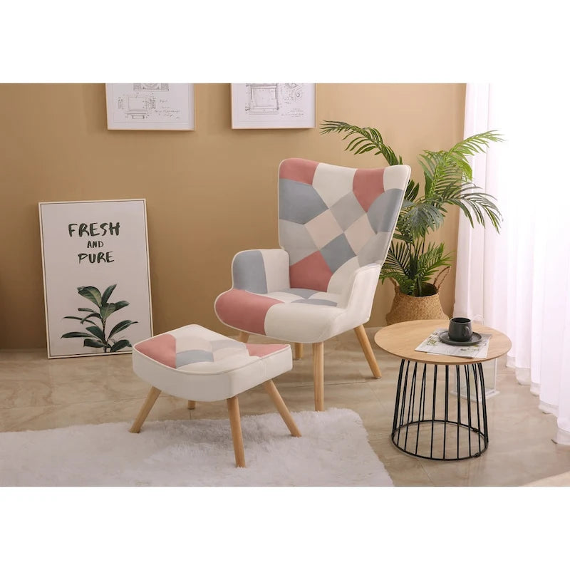 Accent Chair with Ottoman, Living Room Chair and Ottoman Set, Comfy Side Armchair for Bedroom, Creative Splicing Cloth Surface-22