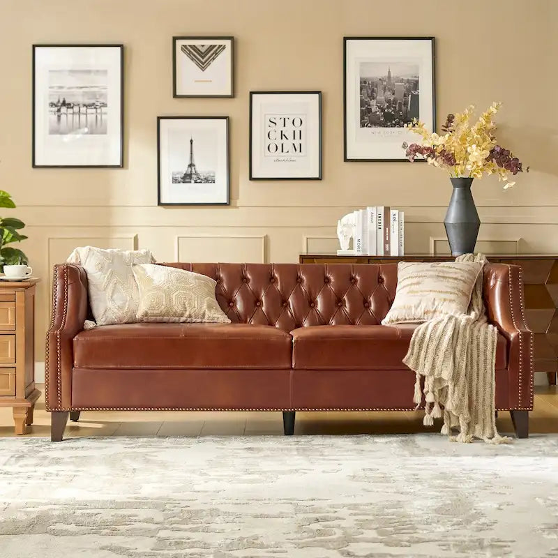 Eugne Transitional Genuine Leather Tufted Design Sofa with Solid Wood Legs by HULALA HOME-28