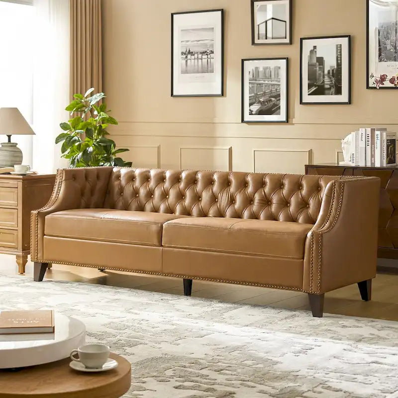 Eugne Transitional Genuine Leather Tufted Design Sofa with Solid Wood Legs by HULALA HOME-3