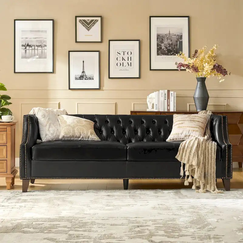 Eugne Transitional Genuine Leather Tufted Design Sofa with Solid Wood Legs by HULALA HOME-10