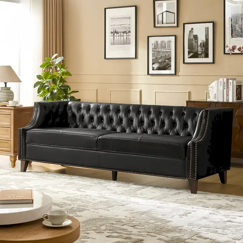 Eugne Transitional Genuine Leather Tufted Design Sofa with Solid Wood Legs by HULALA HOME-12