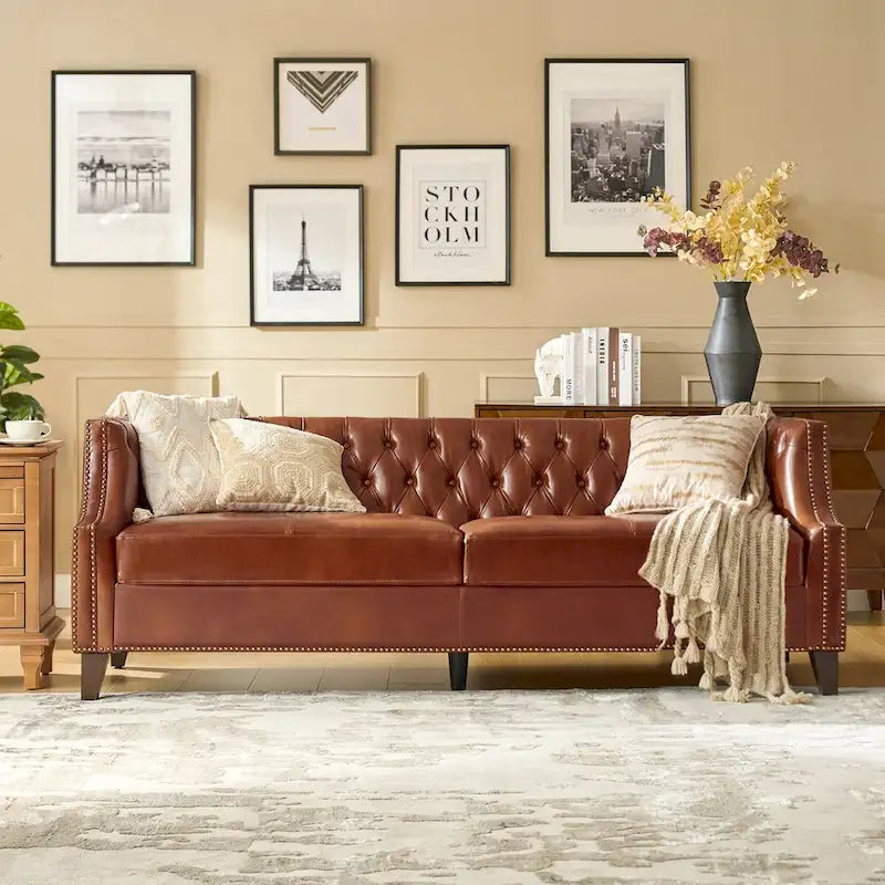 Eugne Transitional Genuine Leather Tufted Design Sofa with Solid Wood Legs by HULALA HOME-19
