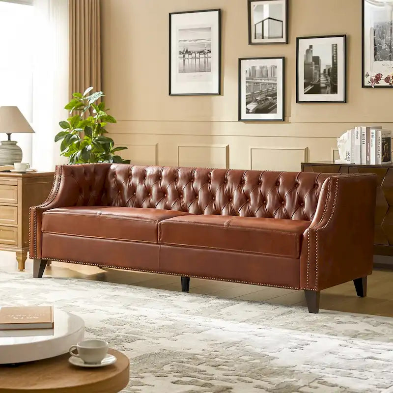 Eugne Transitional Genuine Leather Tufted Design Sofa with Solid Wood Legs by HULALA HOME-21