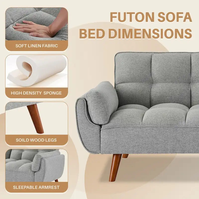 75.39 INCH Futon Sofa Bed, Convertible Folding Futon Couch Recliner Lounge For Living Room With 2 Pillow/Armrest-8