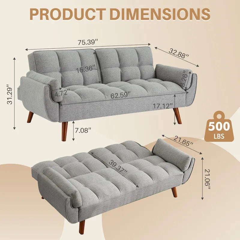 75.39 INCH Futon Sofa Bed, Convertible Folding Futon Couch Recliner Lounge For Living Room With 2 Pillow/Armrest-10
