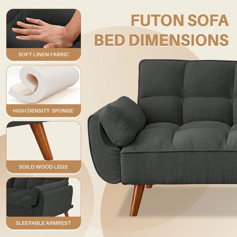 75.39 INCH Futon Sofa Bed, Convertible Folding Futon Couch Recliner Lounge For Living Room With 2 Pillow/Armrest-14