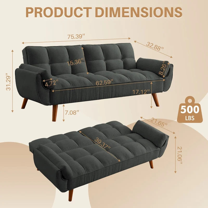 75.39 INCH Futon Sofa Bed, Convertible Folding Futon Couch Recliner Lounge For Living Room With 2 Pillow/Armrest-16