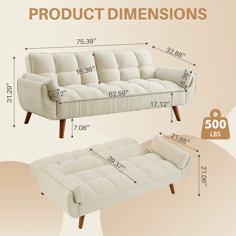 75.39 INCH Futon Sofa Bed, Convertible Folding Futon Couch Recliner Lounge For Living Room With 2 Pillow/Armrest-27