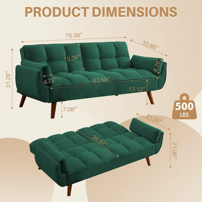 75.39 INCH Futon Sofa Bed, Convertible Folding Futon Couch Recliner Lounge For Living Room With 2 Pillow/Armrest-32