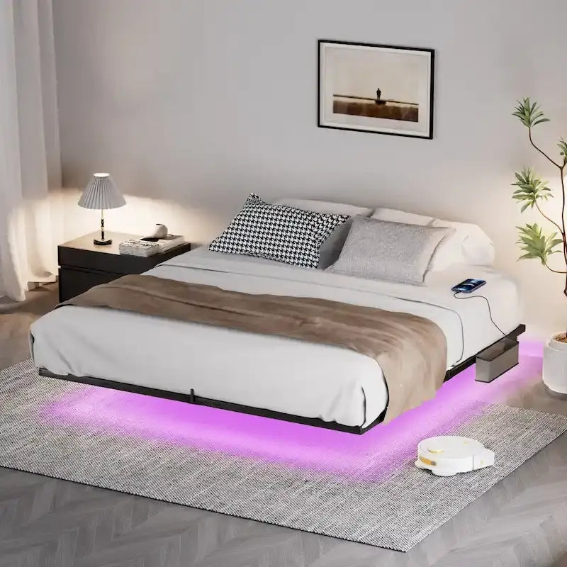 King Size Floating Bed Frame with LED Lights & Charging Station - Metal Platform-10
