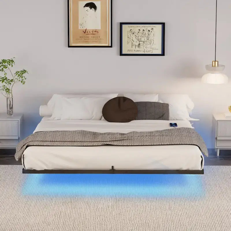 King Size Floating Bed Frame with LED Lights & Charging Station - Metal Platform