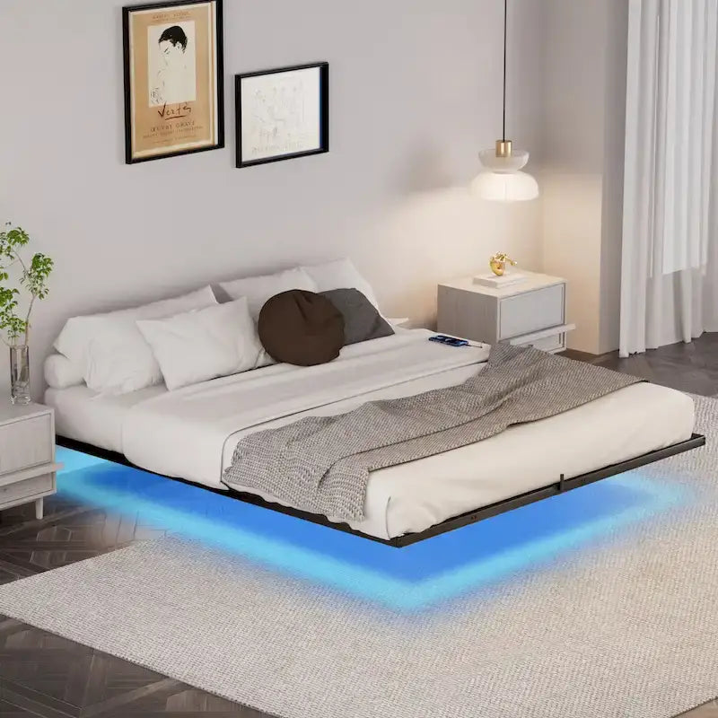 King Size Floating Bed Frame with LED Lights & Charging Station - Metal Platform-3