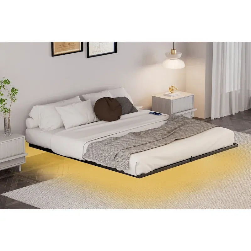 King Size Floating Bed Frame with LED Lights & Charging Station - Metal Platform-5