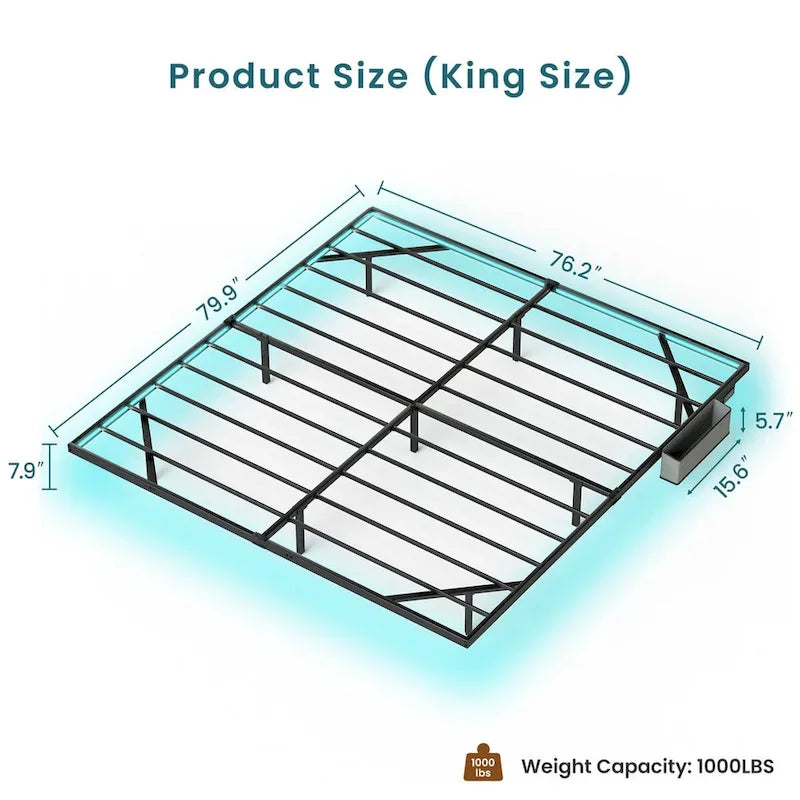 King Size Floating Bed Frame with LED Lights & Charging Station - Metal Platform-7