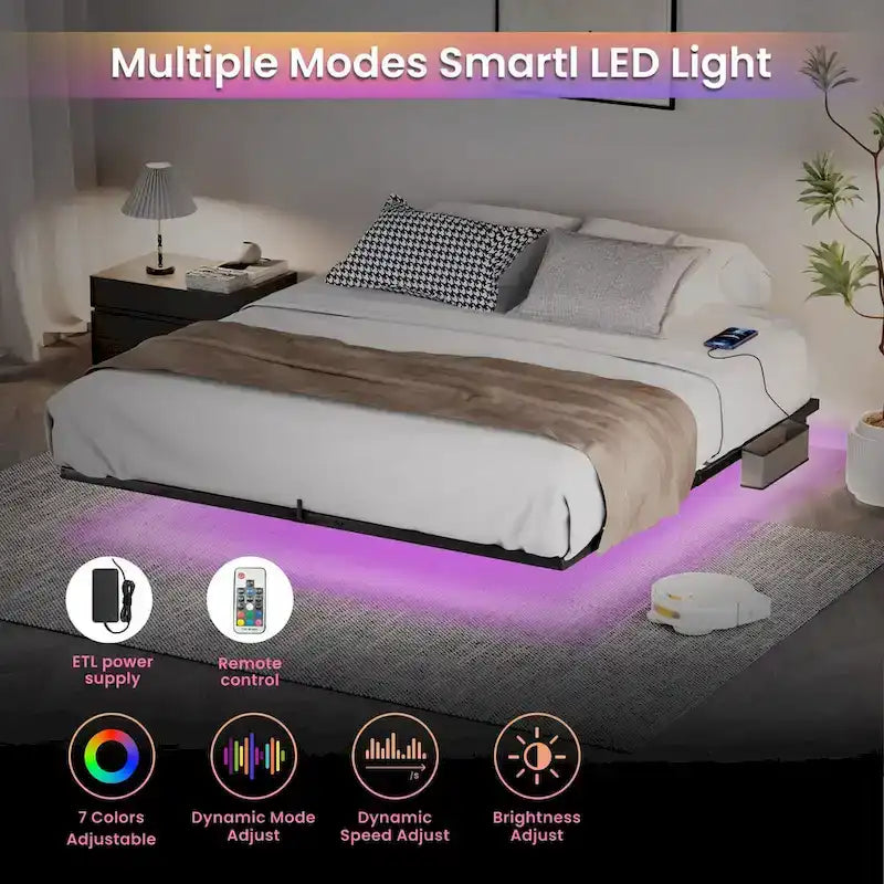 King Size Floating Bed Frame with LED Lights & Charging Station - Metal Platform-8