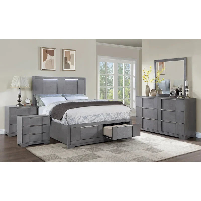 Furniture of America Tona Contemporary 5-Piece Grey Wood Storage Platform Bedroom Set with LED Lights